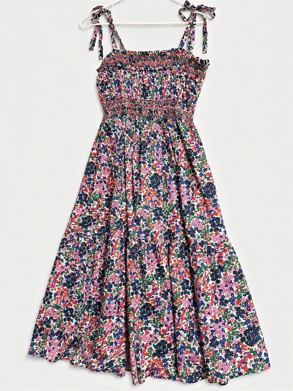J.Crew Smocked tie-shoulder dress in retro floral Maxi Dress Blue & Pink Large